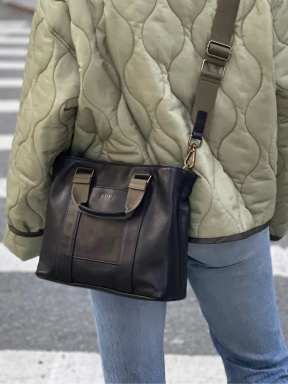 FEED Black Leather Crossbody Tote with Olive Strap